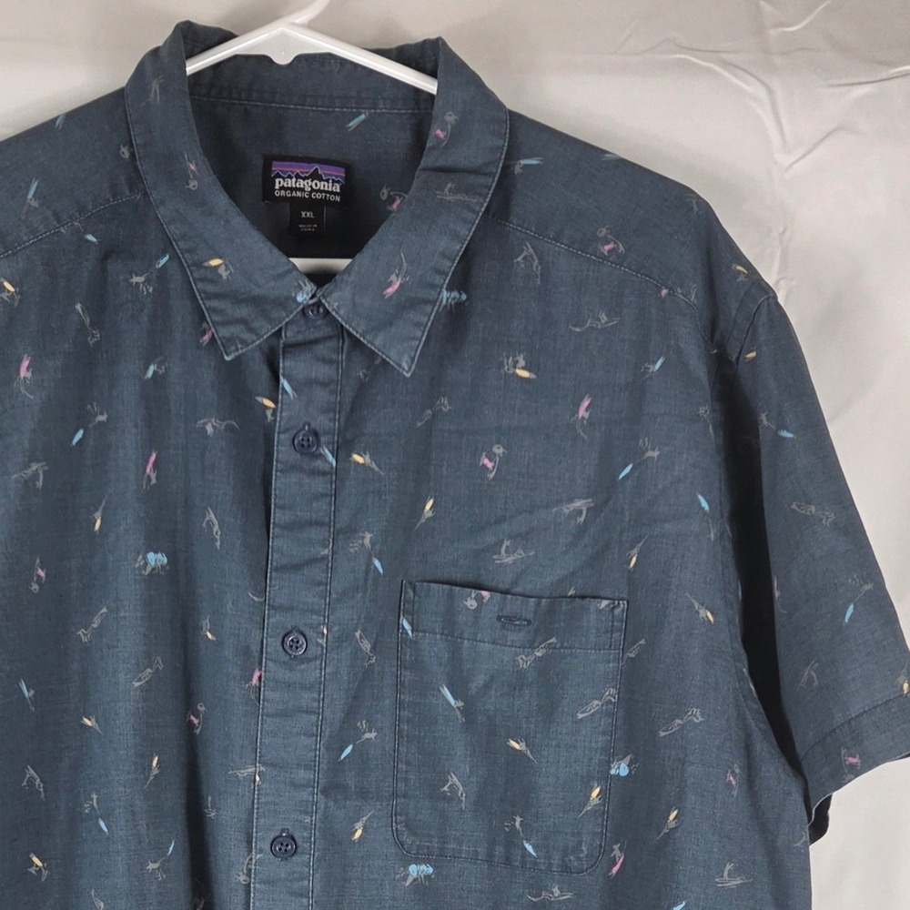 Patagonia Surfer Print Short Sleeve Button Down Shirt Blue XXL Mens